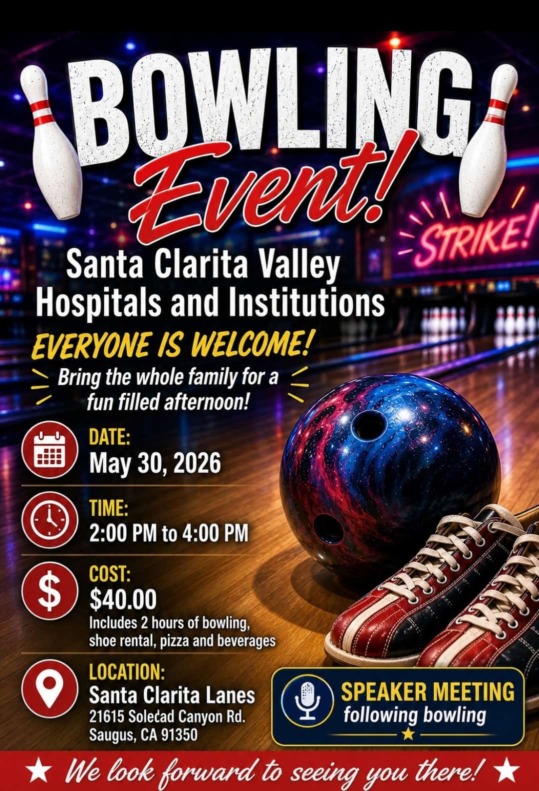 Bright Bowling Alley Flyer For Scv Hospitals And Institutions Bowling Event, May 30 2026 At Santa Clarita Lanes, Saugus Ca.