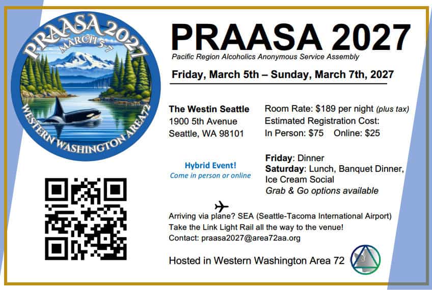 Postcard Flyer For Praasa 2027, Pacific Region Aa Service Assembly, March 5–7 2027 At The Westin Seattle, Wa.
