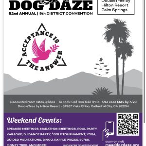 Maad Dog Daze — 52Nd Annual 9Th District Convention (In-Person) 42 Purple And Black Flyer For Maad Dog Daze 52Nd Annual 9Th District Convention, August 7–9 2026 At Doubletree By Hilton Resort Palm Springs, Cathedral City Ca.