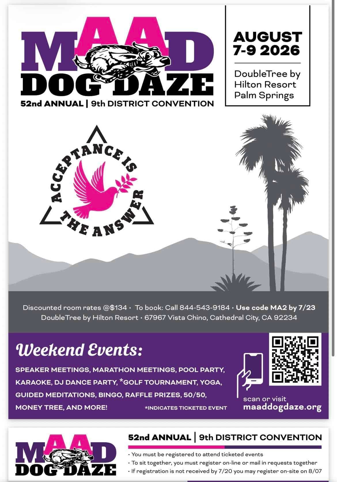 Purple And Black Flyer For Maad Dog Daze 52Nd Annual 9Th District Convention, August 7–9 2026 At Doubletree By Hilton Resort Palm Springs, Cathedral City Ca.
