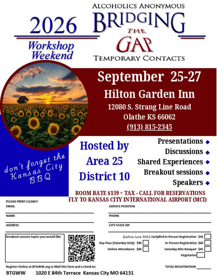 Flyer For Aa Bridging The Gap Temporary Contacts Workshop Weekend, September 25-27 2026 At Hilton Garden Inn, Olathe Ks.