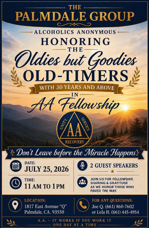Aa Flyer For The Palmdale Group Honoring Old-Timers With 30+ Years, July 25 2026 In Palmdale Ca.