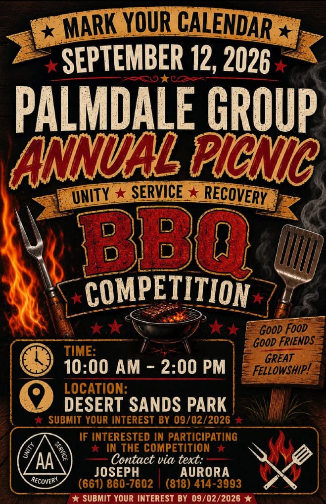 Bbq-Themed Flyer For Palmdale Group Annual Picnic And Bbq Competition, September 12 2026 At Desert Sands Park, Palmdale Ca.