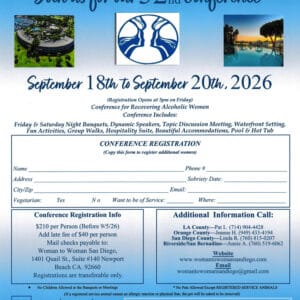 Flyer for Woman to Woman San Diego 52nd Conference, September 18-20 2026 at The Dana on Mission Bay.