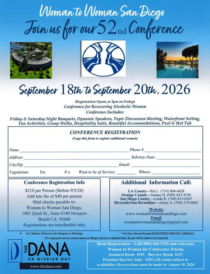 Flyer For Woman To Woman San Diego 52Nd Conference, September 18-20 2026 At The Dana On Mission Bay.