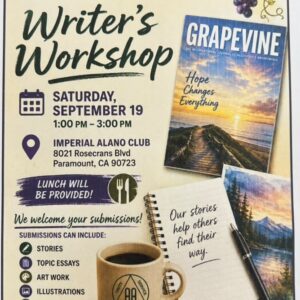 Flyer for Grapevine Writer's Workshop, September 19 2026 at Imperial Alano Club, Paramount CA.