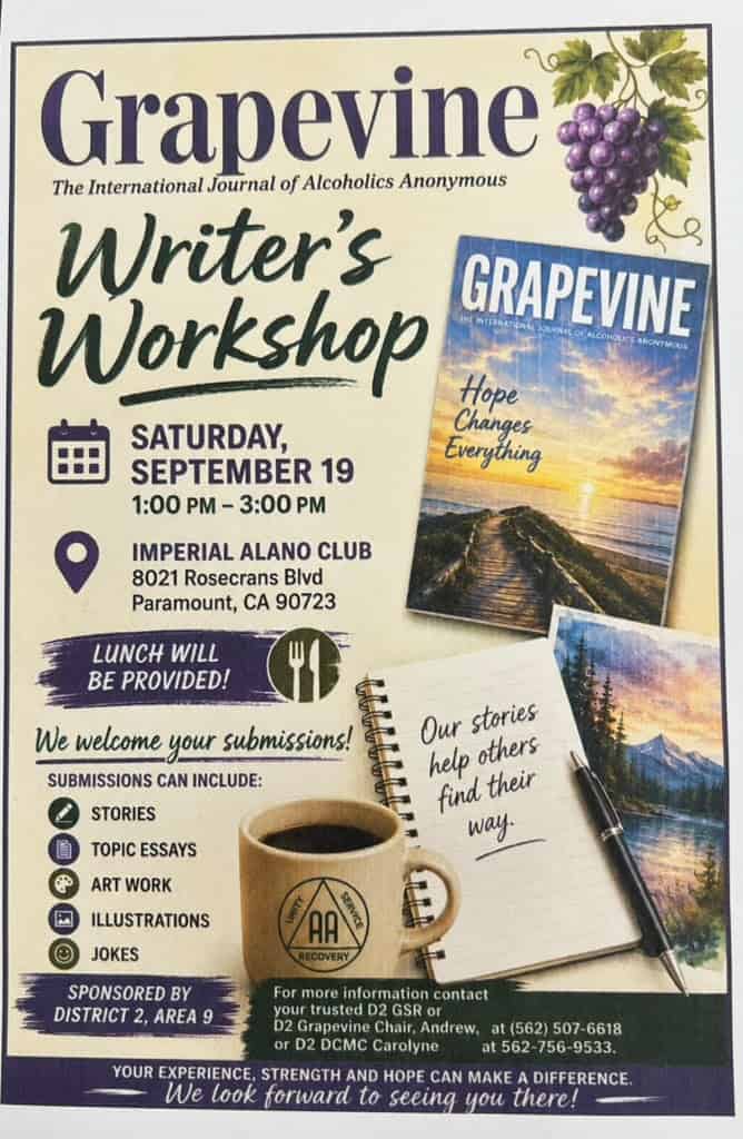 Flyer For Grapevine Writer'S Workshop, September 19 2026 At Imperial Alano Club, Paramount Ca.