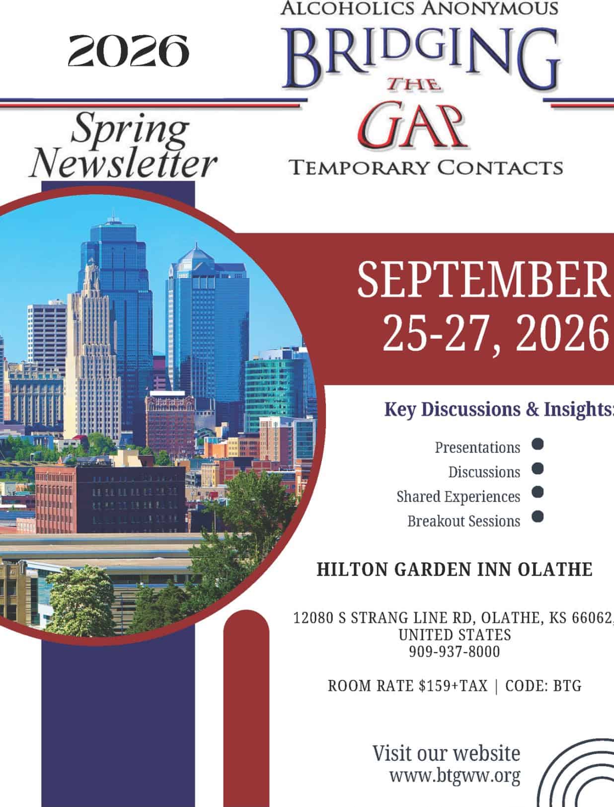 Flyer For Aa'S Bridging The Gap Temporary Contacts Event, Sept 25-27 2026 At Hilton Garden Inn Olathe, Ks.