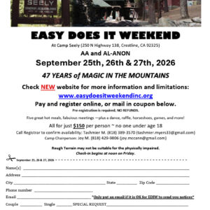Flyer for Easy Does It Weekend, Sept 25-27 2026 at Camp Seely, Crestline CA, AA and Al-Anon retreat.