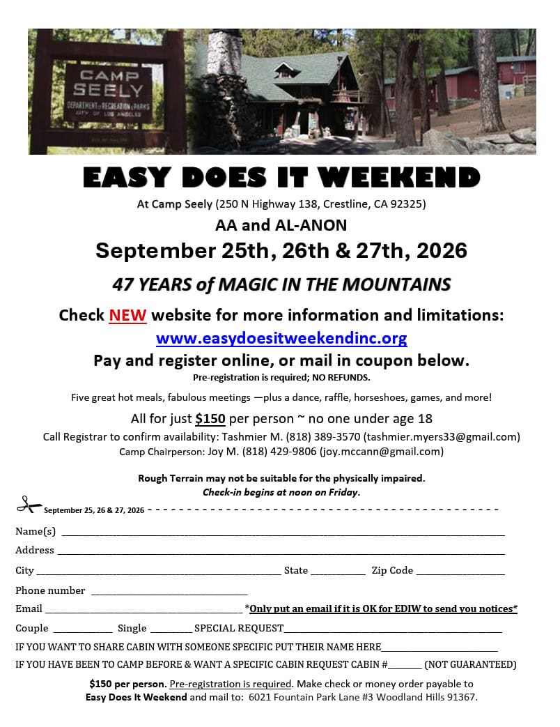 Flyer For Easy Does It Weekend, Sept 25-27 2026 At Camp Seely, Crestline Ca, Aa And Al-Anon Retreat.