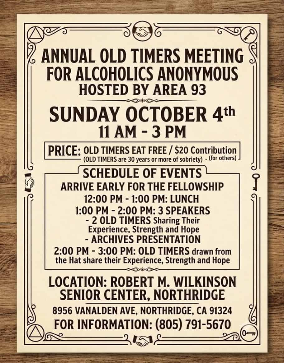 Flyer For The Annual Old Timers Meeting, October 4 2026, At Wilkinson Senior Center In Northridge, Ca, Hosted By Area 93.