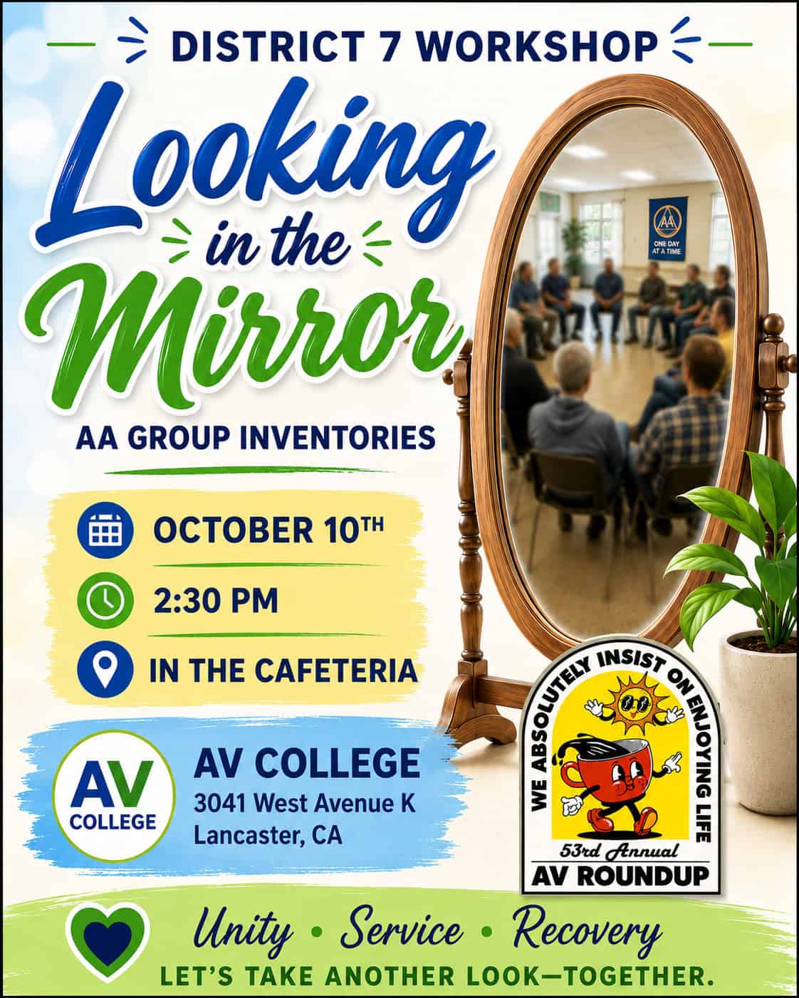 Flyer For District 7 Workshop &Quot;Looking In The Mirror&Quot; Aa Group Inventories, October 10 2026 At Antelope Valley College, Lancaster Ca.