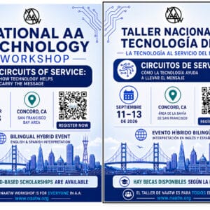 Blue circuit-themed flyer for the National AA Technology Workshop, September 11-13 2026 in Concord CA.