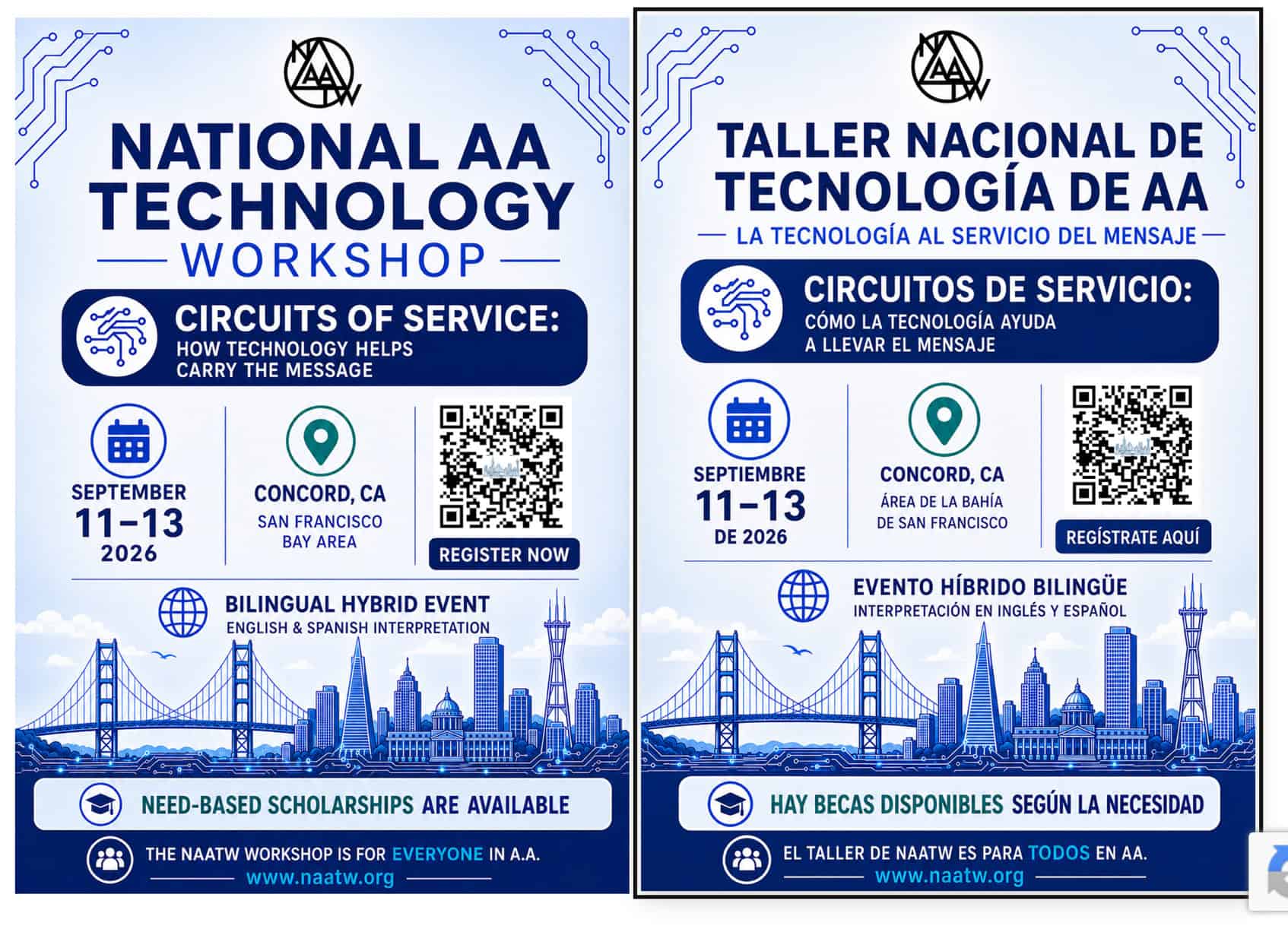 Blue circuit-themed flyer for the National AA Technology Workshop, September 11-13 2026 in Concord CA.
