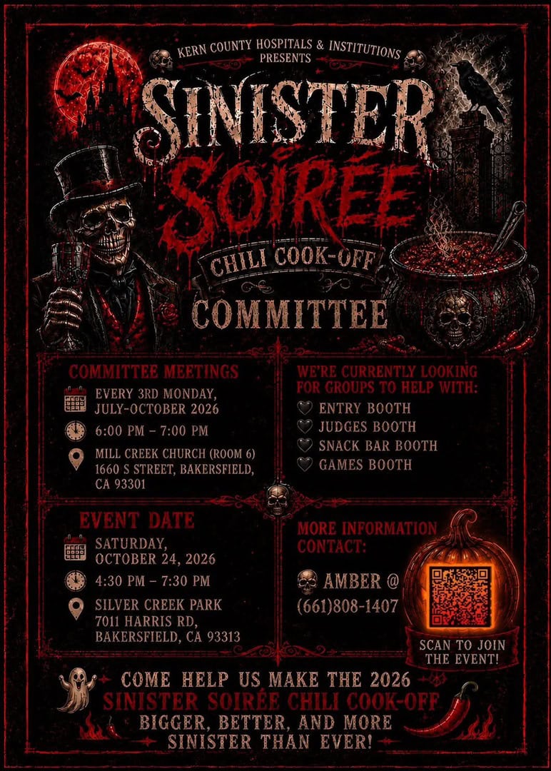 Dark gothic flyer for the Sinister Soiree Chili Cook-Off, October 24 2026 at Silver Creek Park, Bakersfield CA.